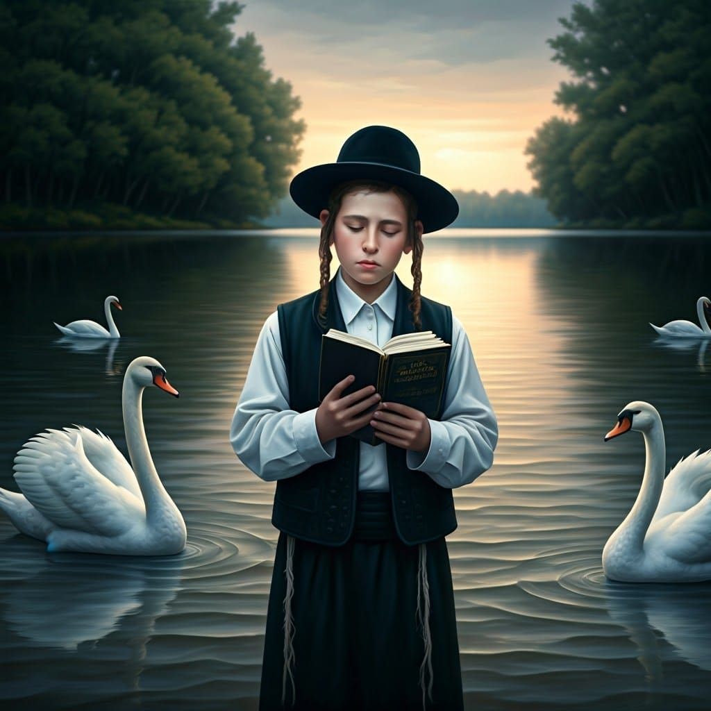 Boy Praying by Lake at Sunset: Romantic Fantasy