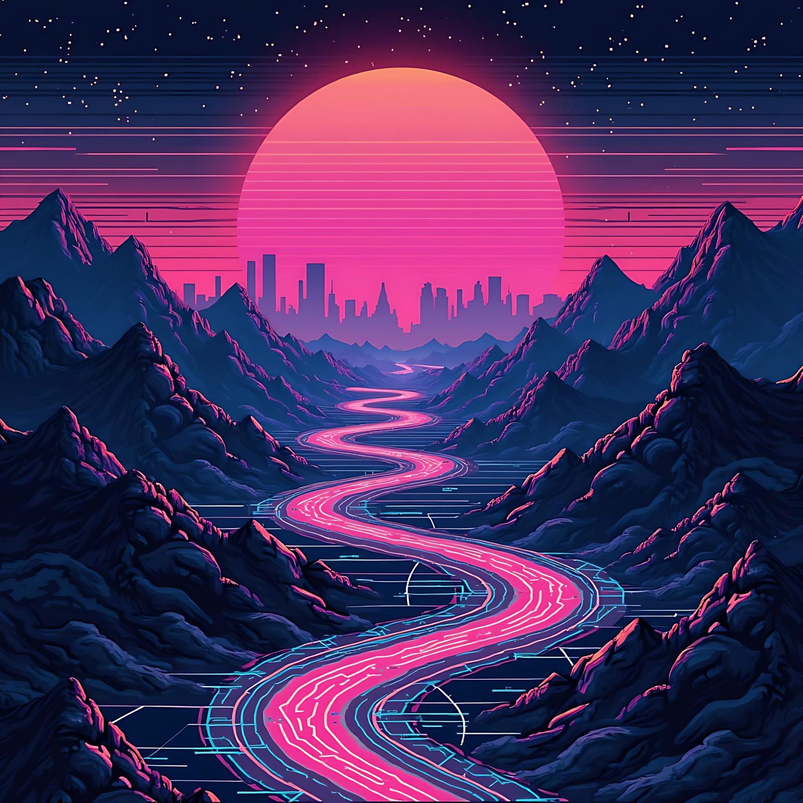 Synthwave Valleys in 64-bit Pixel Art