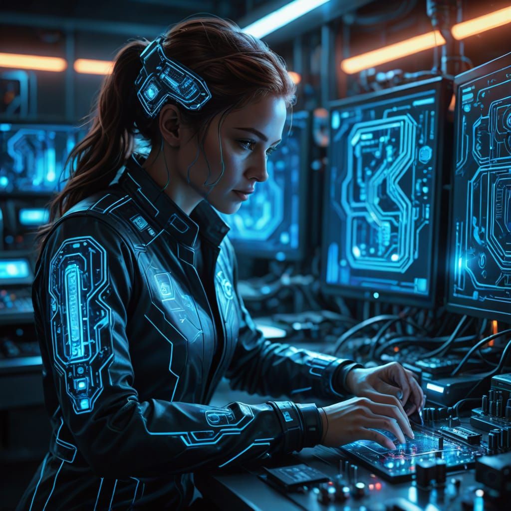 Futuristic Lab Scene with Glowing Circuits in Digital Art