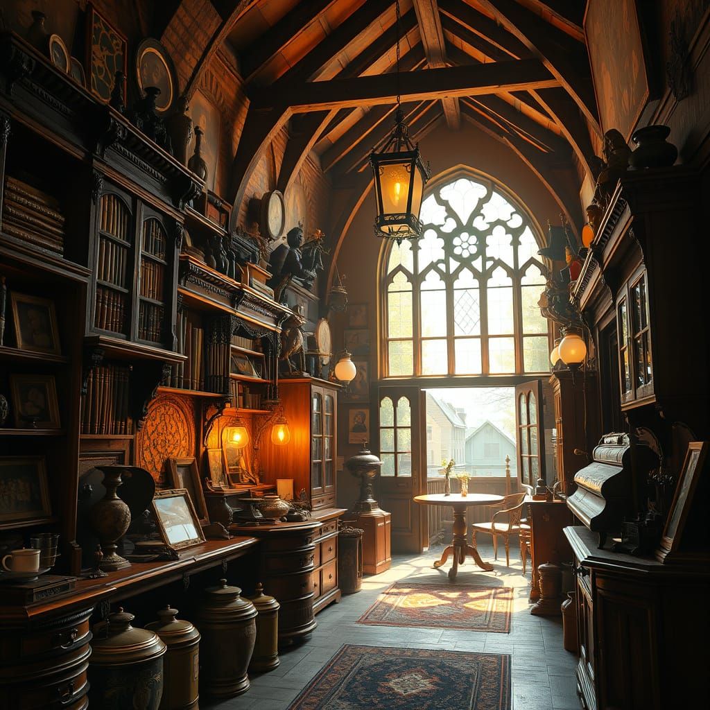 English Antique Shop, 1950s, in Matte Painting Style