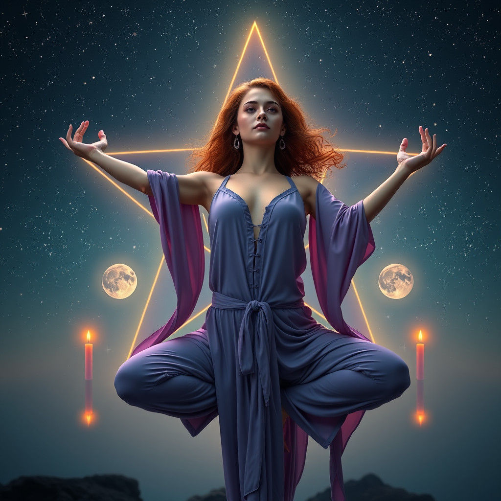 Auburn-Haired Woman in Five Pointed Star Pose