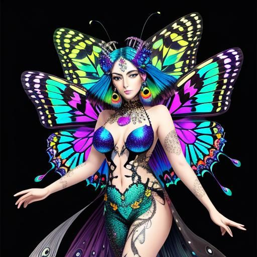 Butterfly Moth Woman with Peacock Feathers