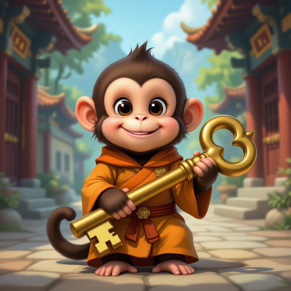 Happy Monk Monkey Holding Giant Key at Monastery
