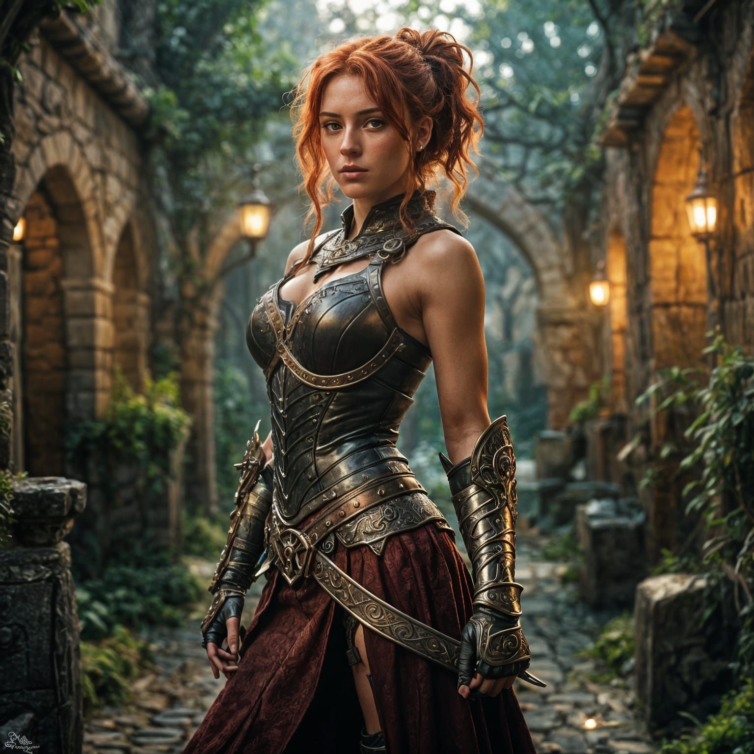 Red-Haired Medieval Warrior Woman with Gauntlets