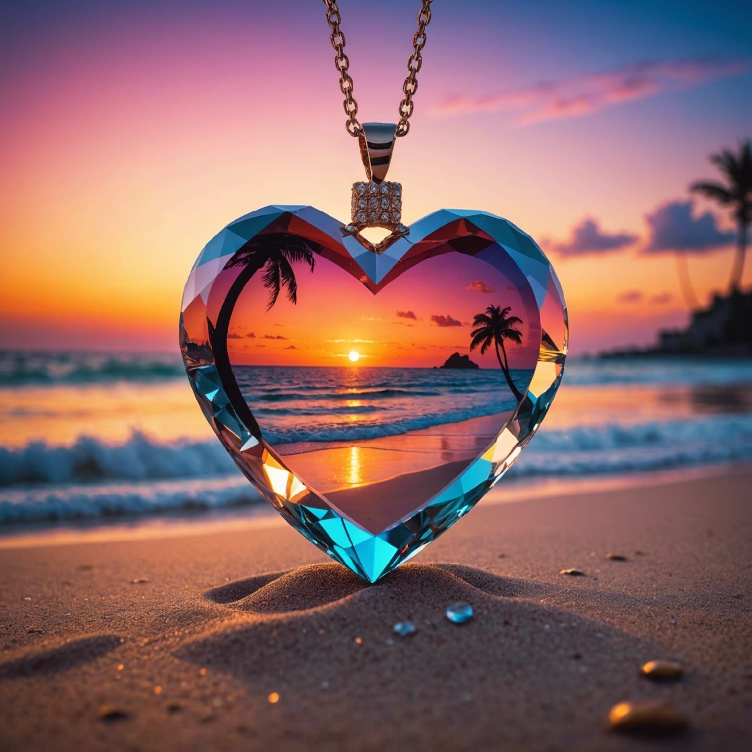 Synthwave Sunset Beach with Crystal Pendant