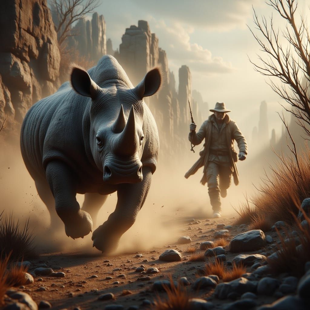 Charging Rhino and Fleeing Hunter in Wildlife Style