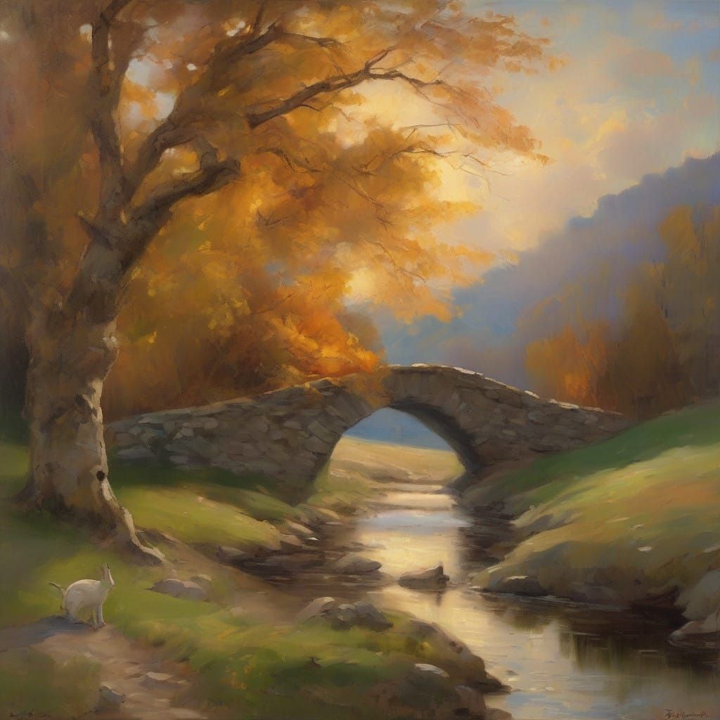 Ancient Bridge in Serene Renaissance Landscape with Gentle R...