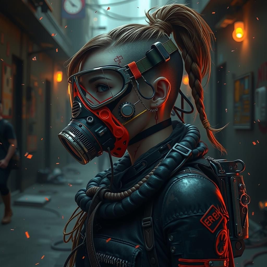 Cyborg in Dystopian Alleyway with Biomechanical Augmentation