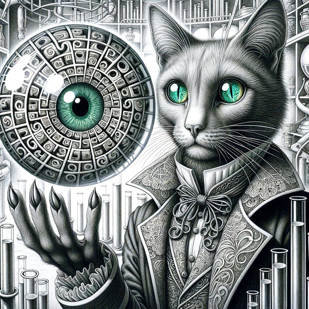 Surreal Feline Inventor in a Haunting Laboratory Scene