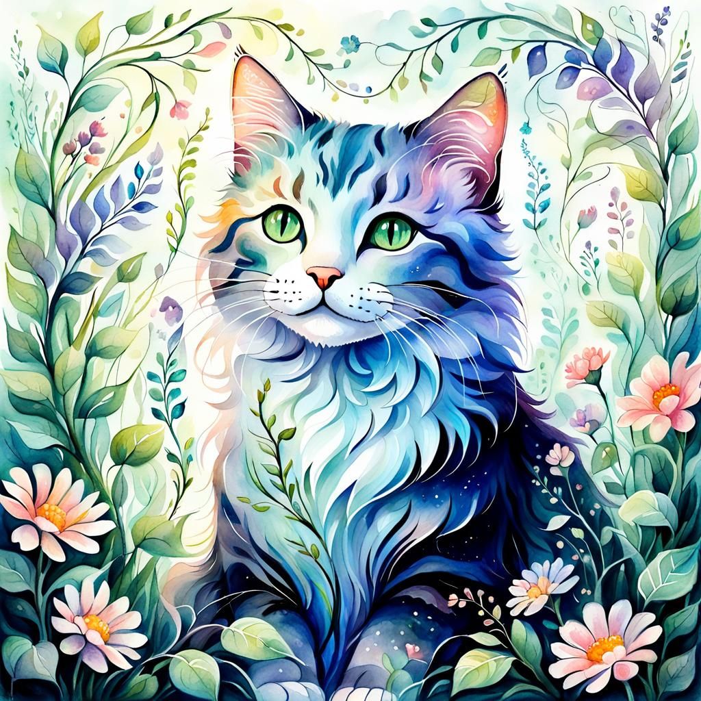 Mystical Cat Flora Spirit in Watercolor Style