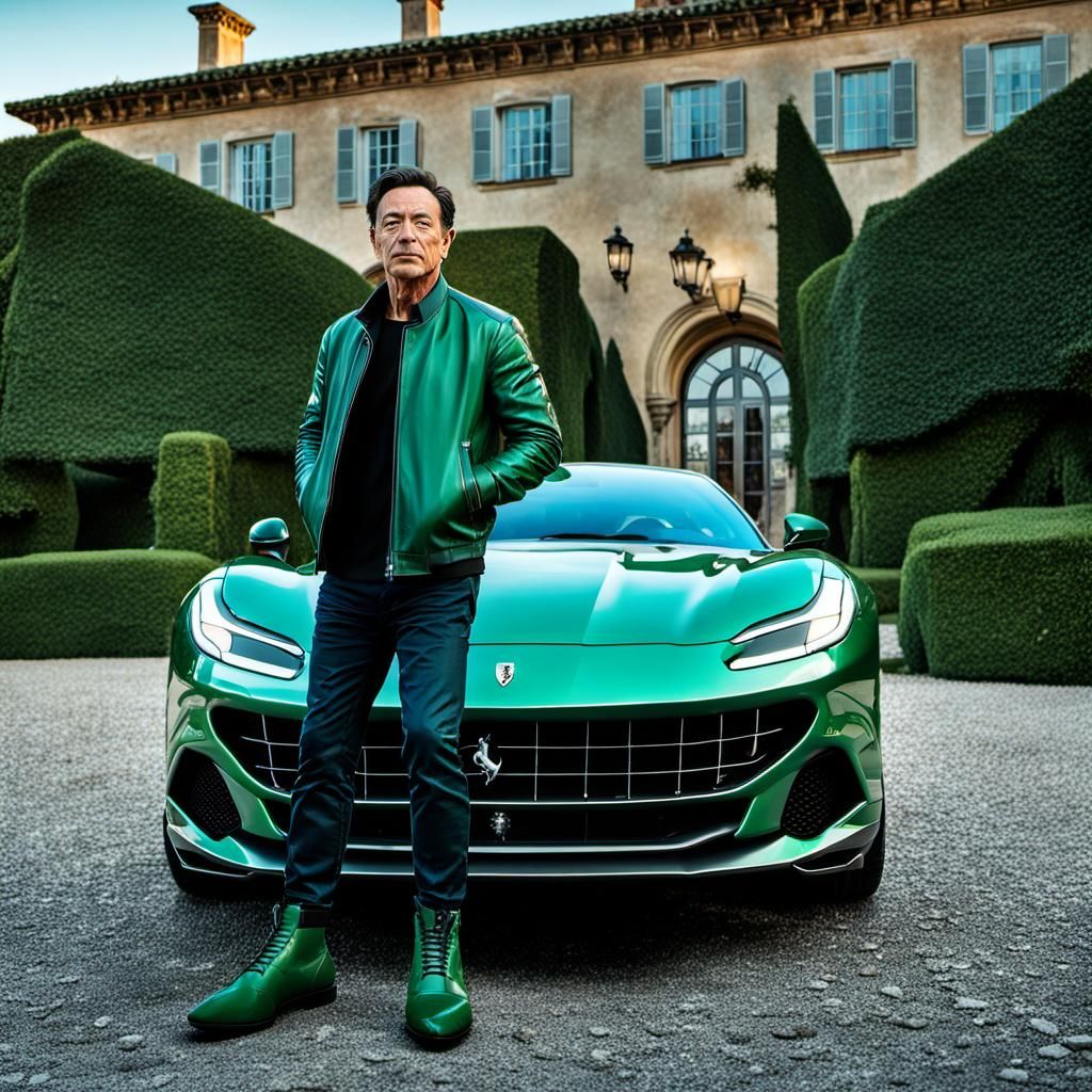 Man in Green Jacket by Ferrari: Hyperrealistic Photo