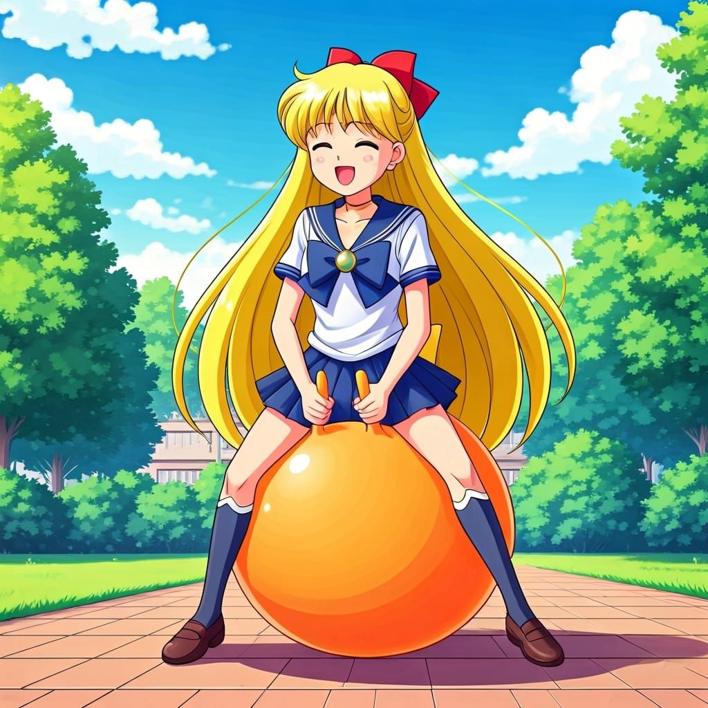 Sailor Venus Bouncing on Hopper Ball in 2D Style
