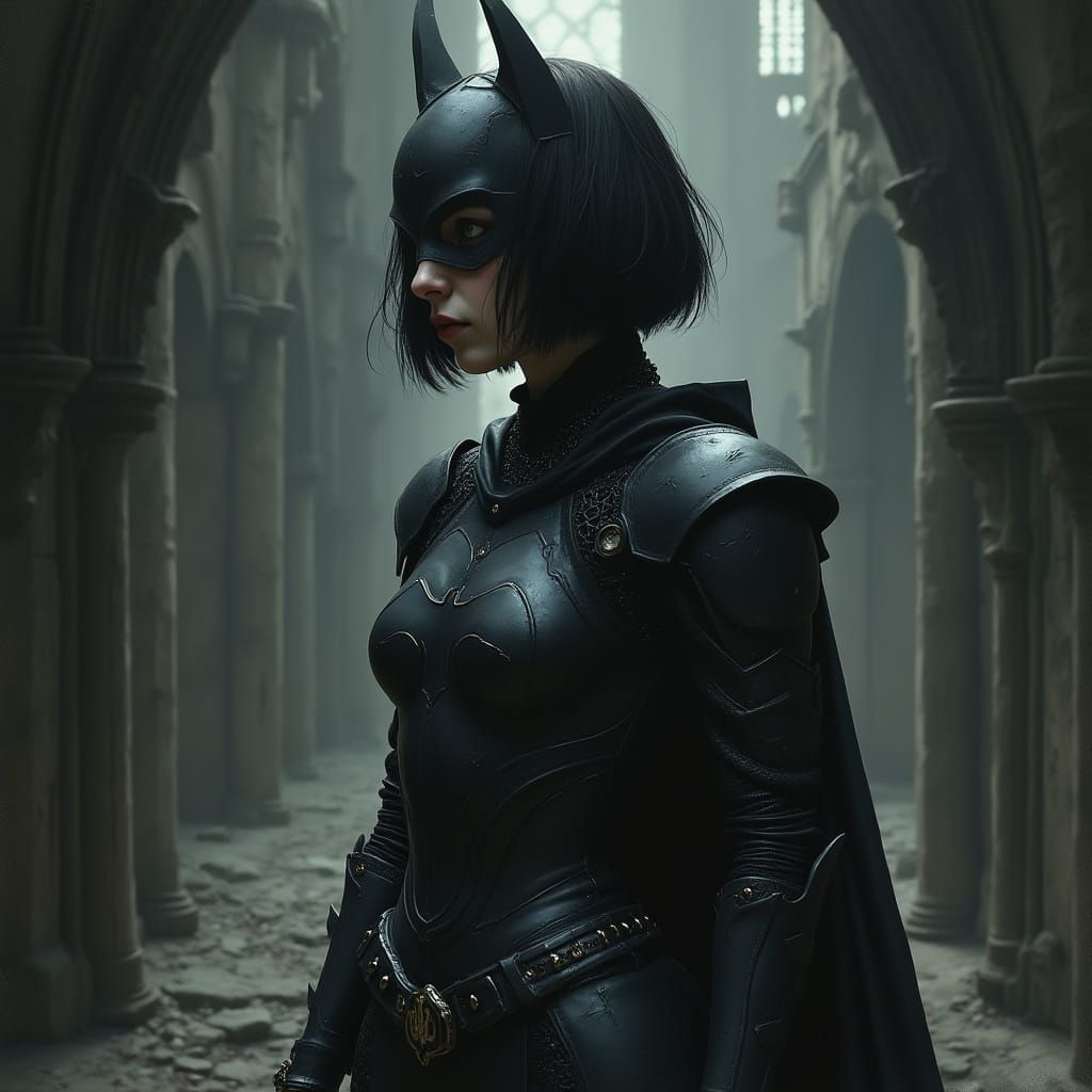 Batgirl in Medieval Armor in Gothic Castle