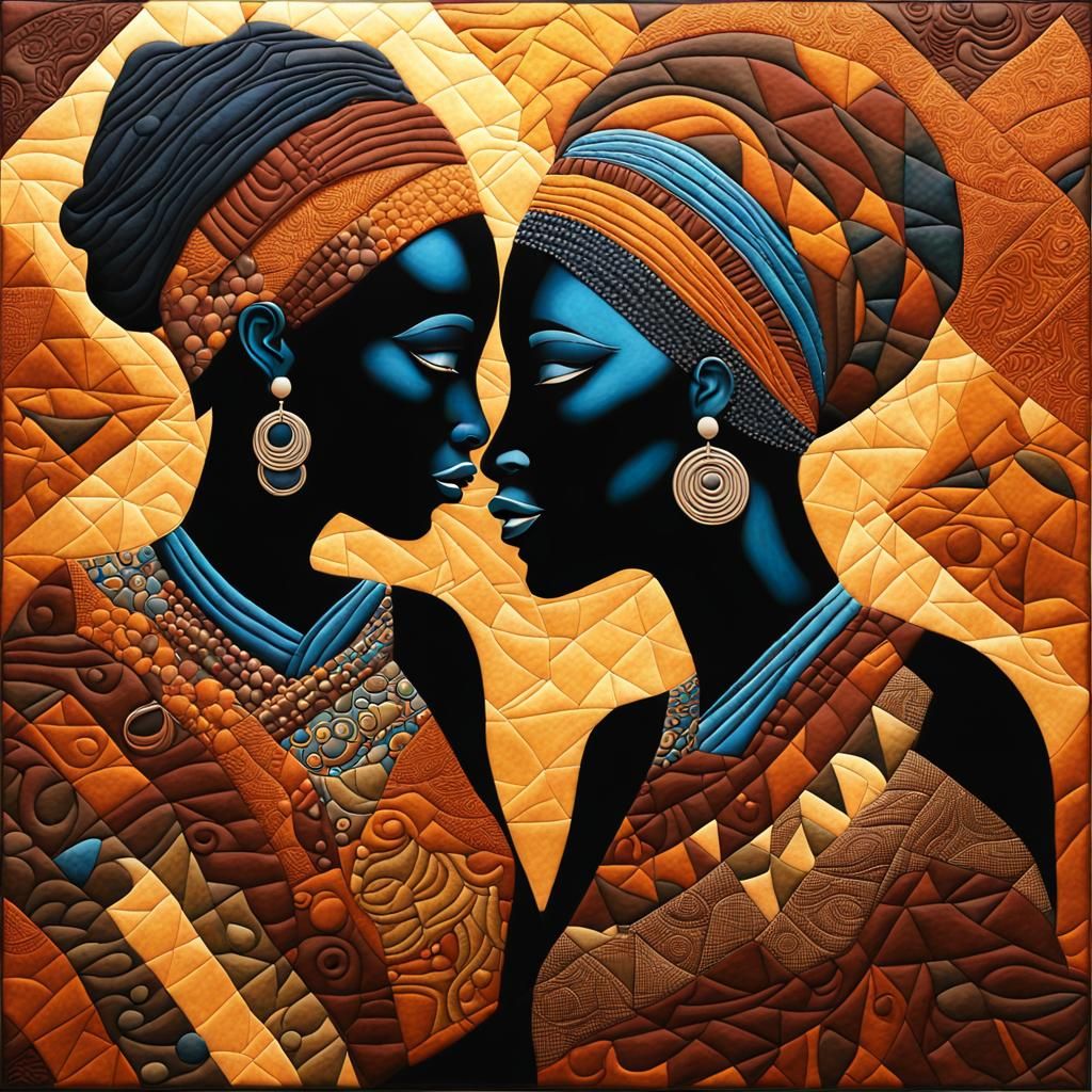 Quilted Mural of Two African Women Talking