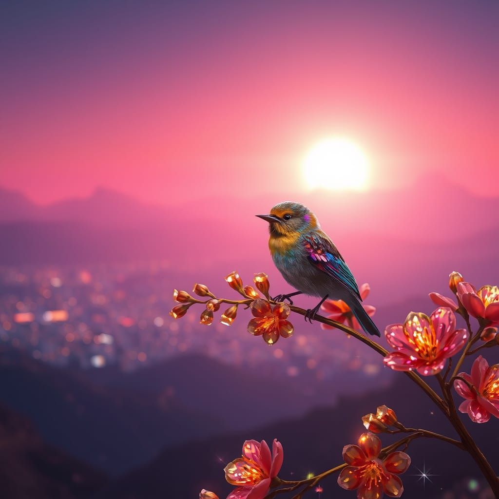 Multicolored Bird on Golden Branch Under Sunset Haze