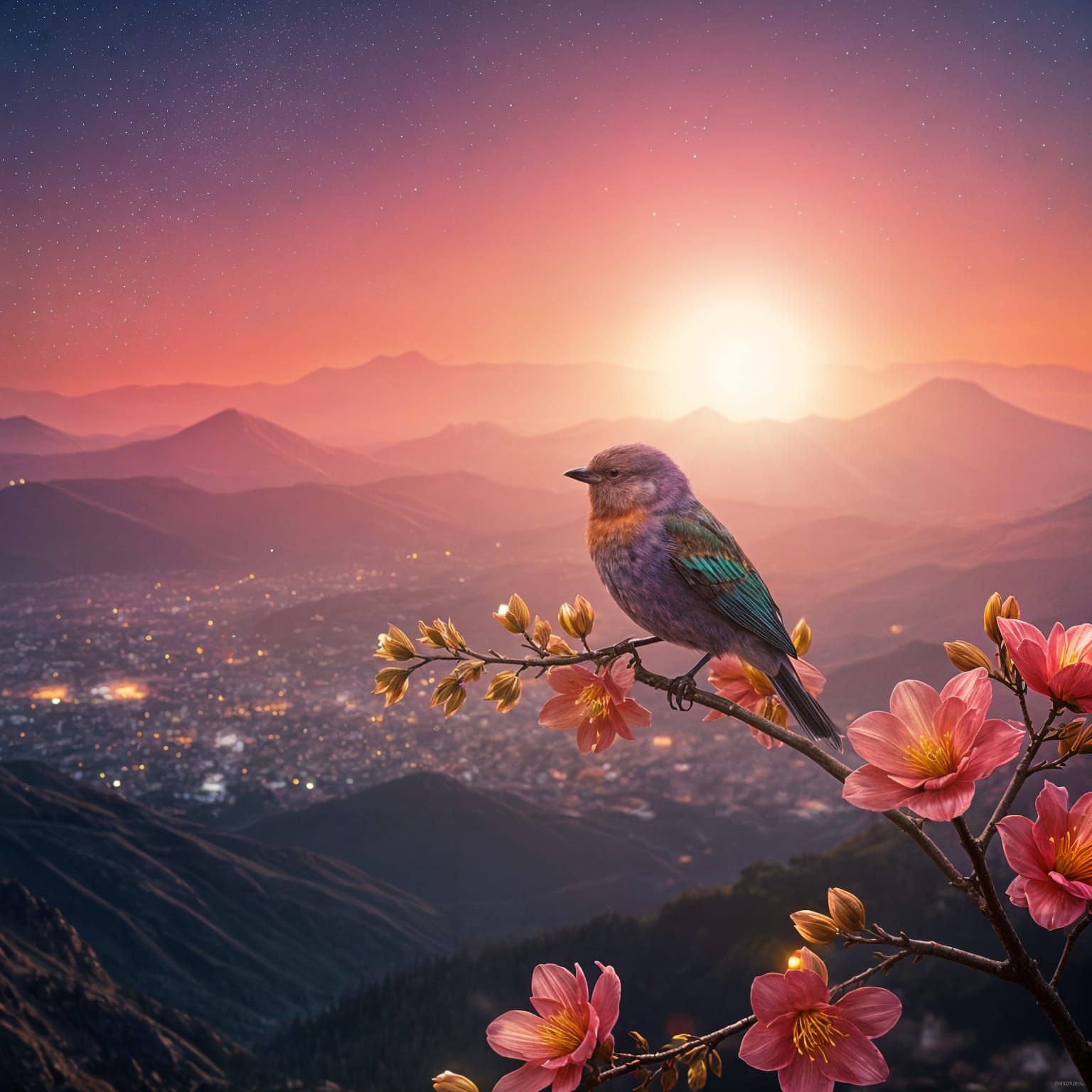 Bird in a Sunset Fantasy Landscape