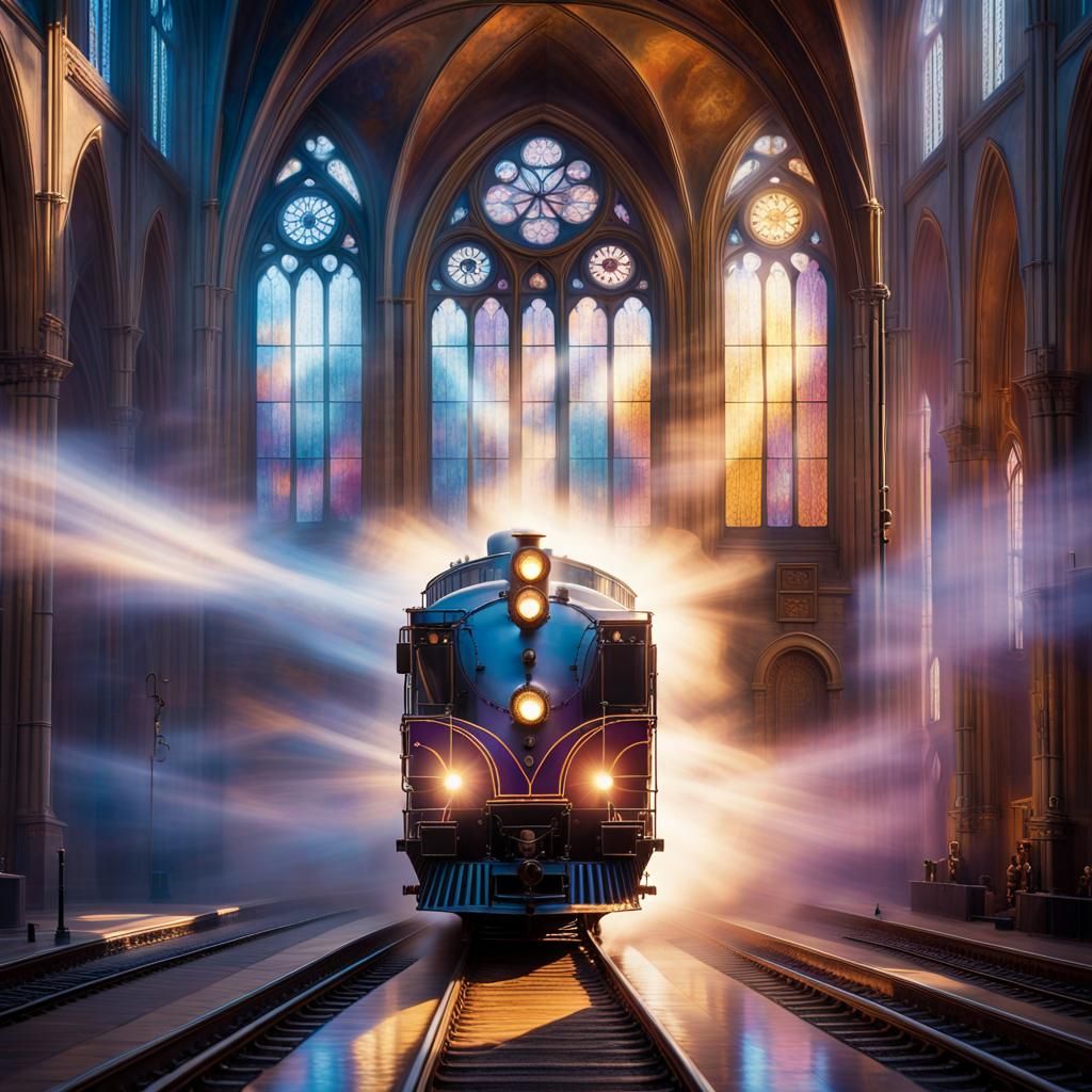 Surreal Cathedral Train Odyssey in Vibrant Oil Painting