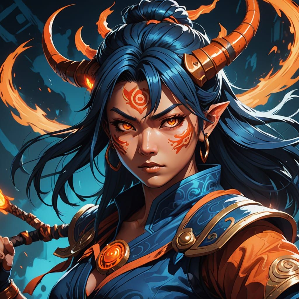 Ethereal Oni Warrior in Vibrant, Cinematic Style