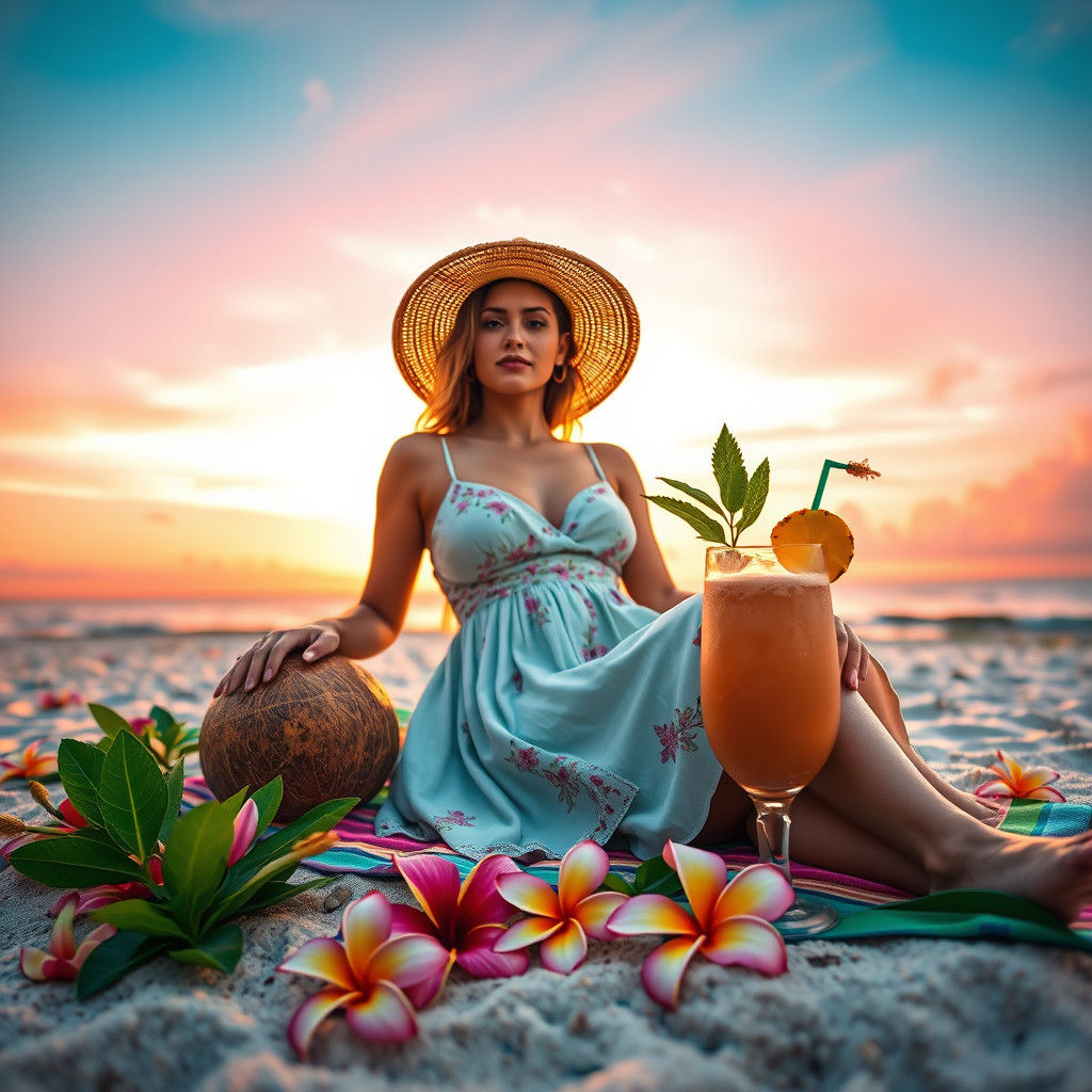 Woman Relaxing on Beach at Sunset