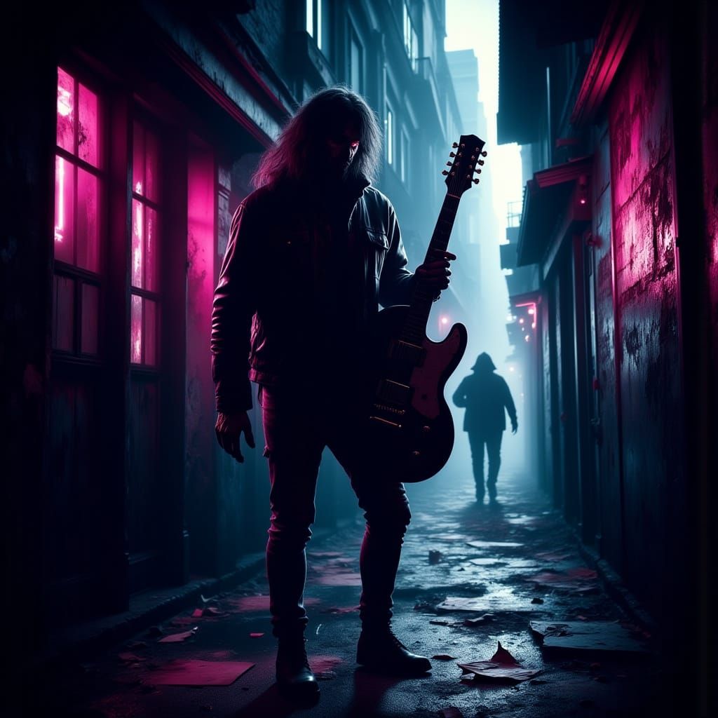 Struggling Musician Confronts Despair in Dystopian Alleyway