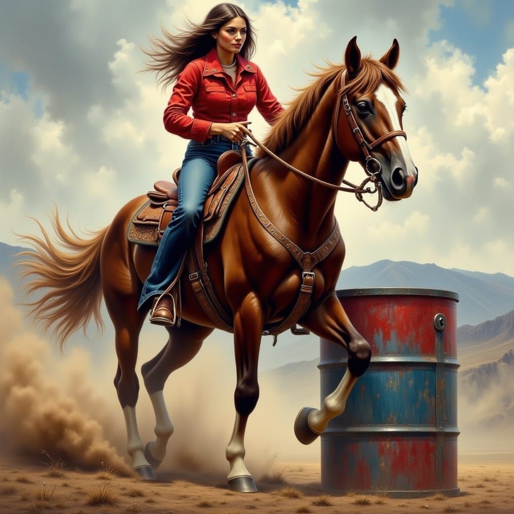Young Woman Barrel Racing in Vivid Oil Painting Style