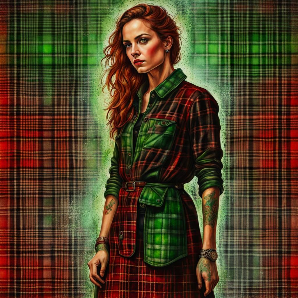 Scottish Plaid Tattoo Portrait in Watercolor Punk Style