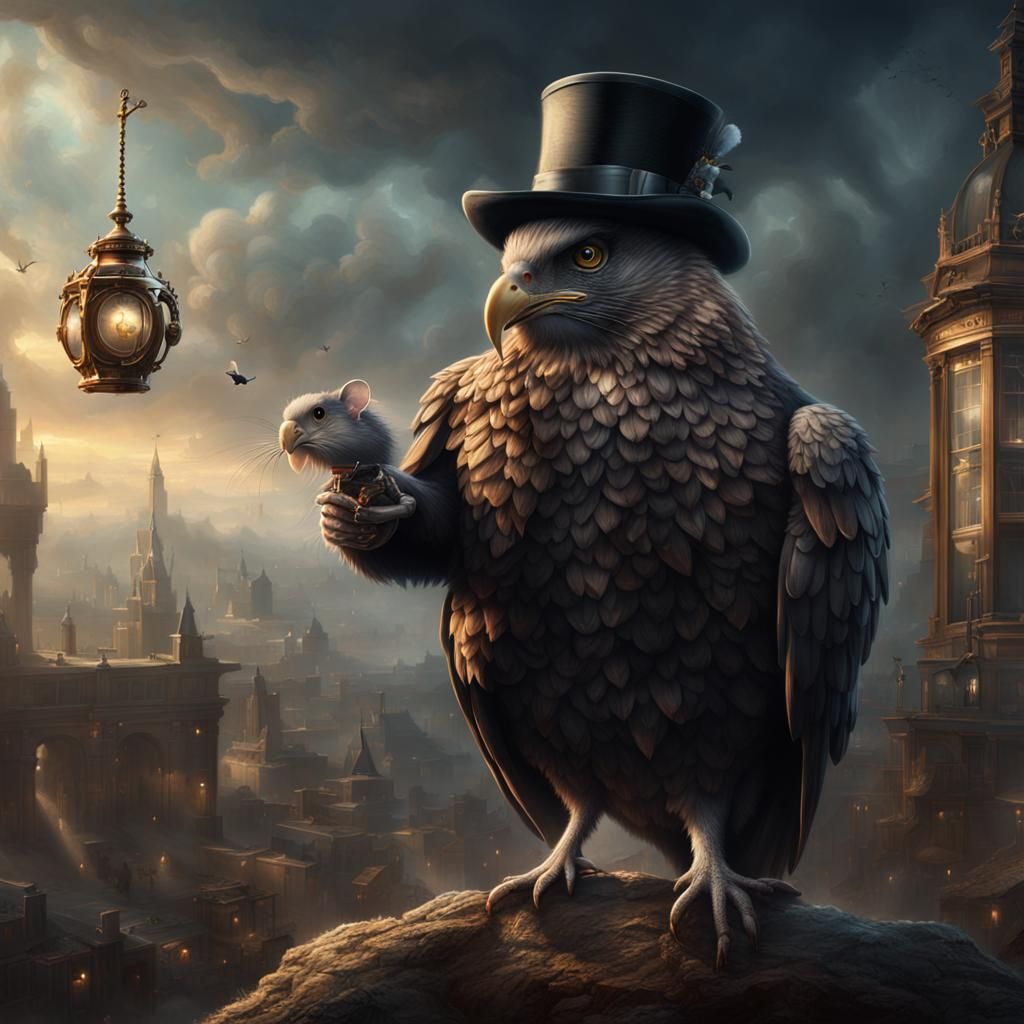 Eagle in Top Hat Holds Mouse: Digital Matte Painting