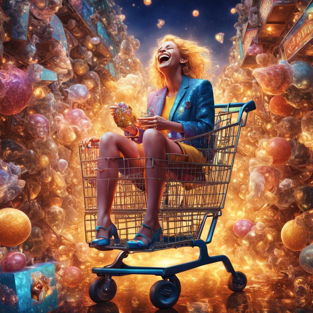 Whimsical Mosaic: Laughing Figure in Sparkling Cart