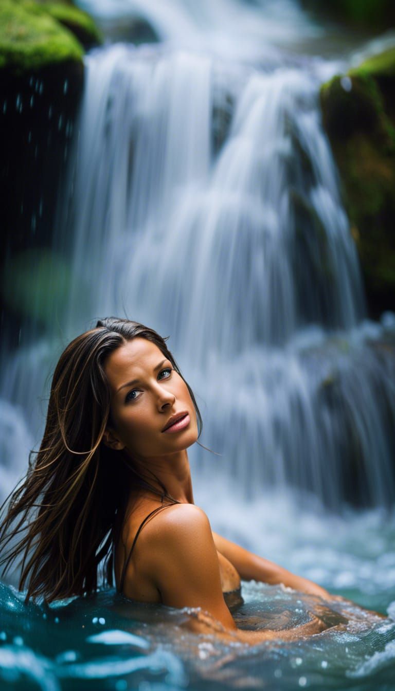 Rhona Mitra Bathing in a Waterfall