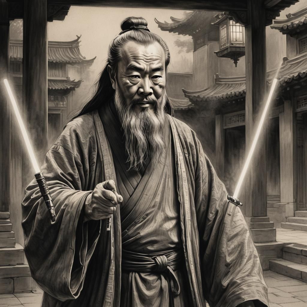 Confucius Wields Lightsaber in Charcoal Drawing