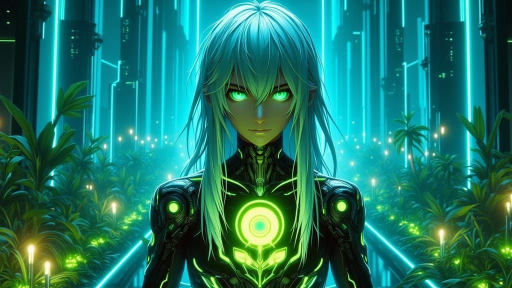 Cybernetic Fae Gardener in Futuristic Garden