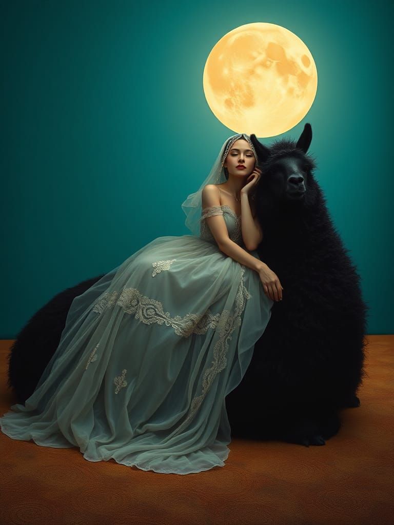 Dreamlike Alpaca Encounter in a Surrealist Landscape