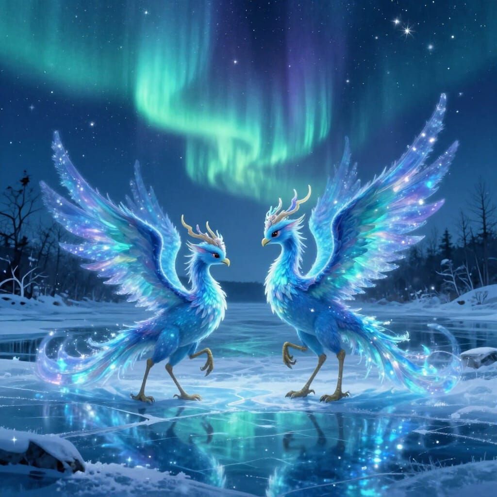 Two Blue Fire Phoenixes Beside Frozen River Under Aurora