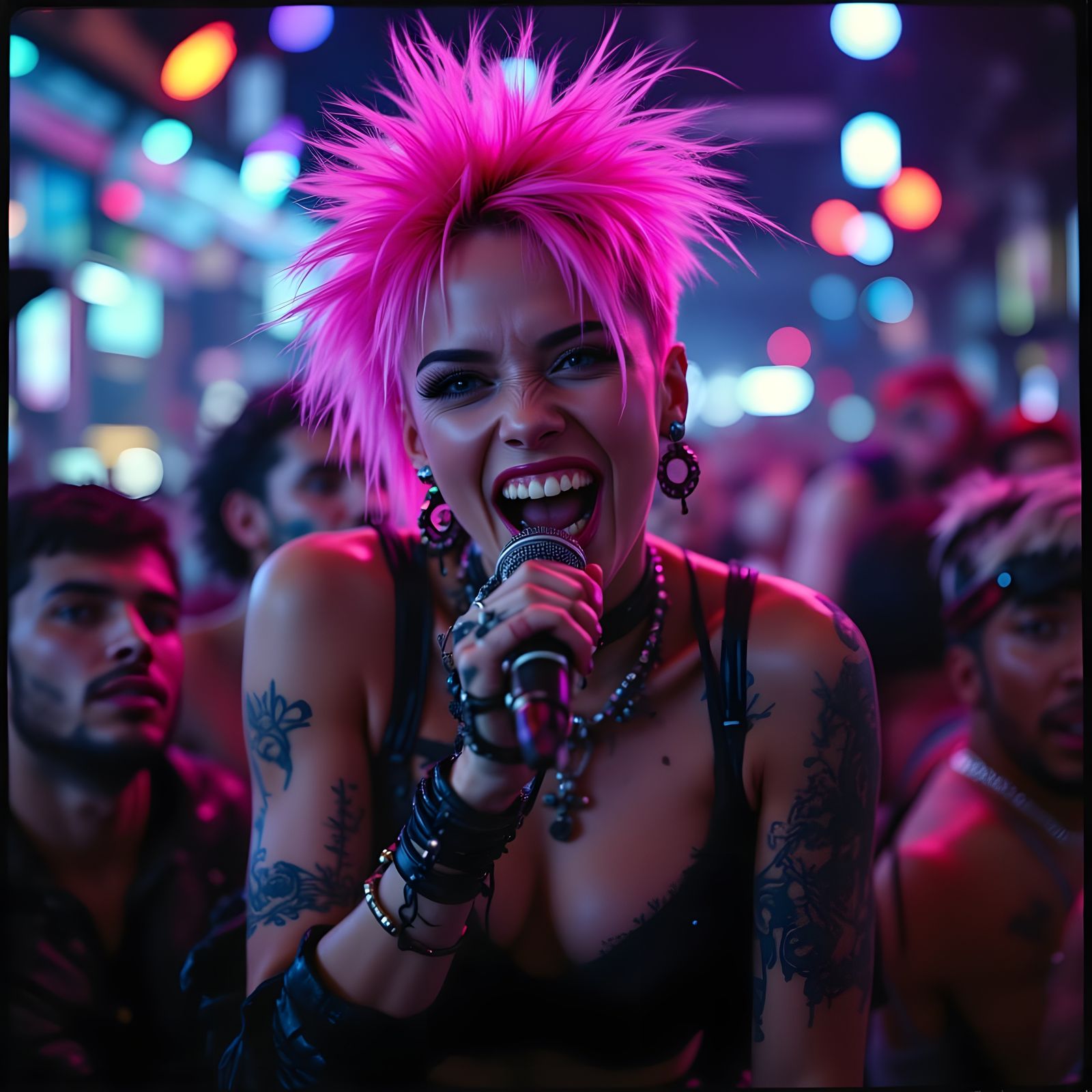 Punk Rock Singer with Neon Hair on Stage