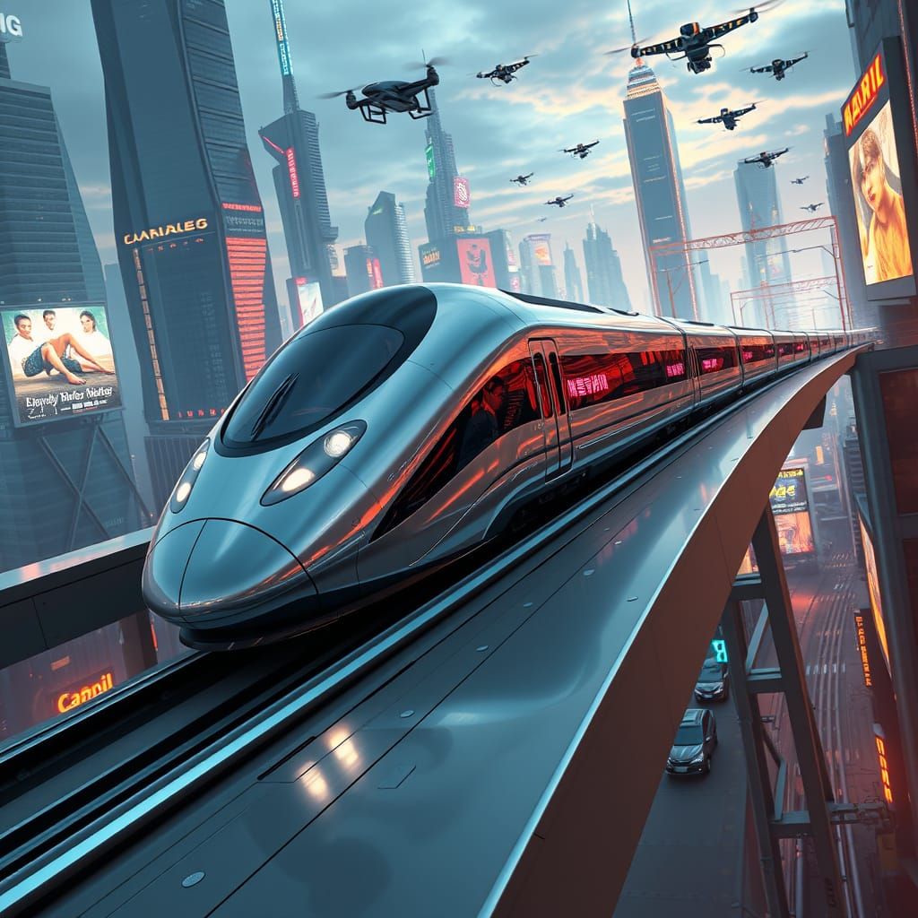 Sleek Metallic Bullet Train Takes Off into Futuristic City