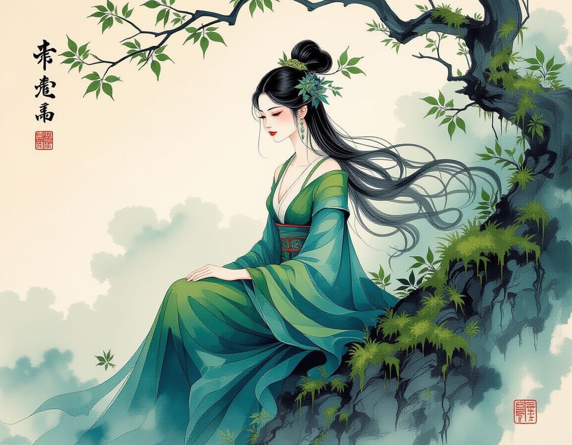 Surreal Dryad Creature in Chinese Ink Style