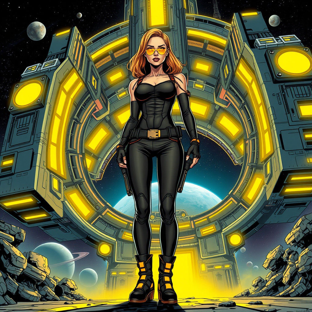 Retro-Futuristic Heroine with Cybernetic Eyes in Comic Style