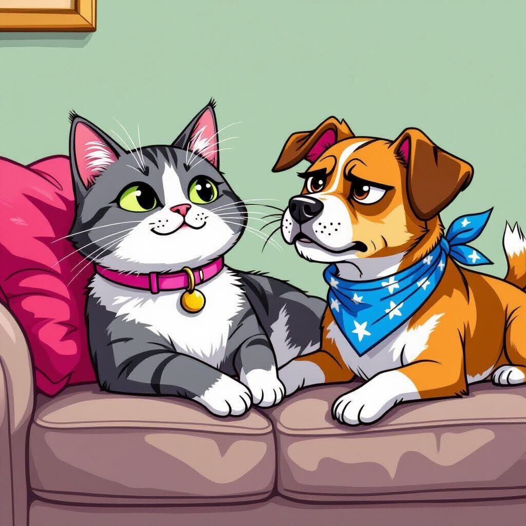 A smug cat sprawled on one side of a couch while a jealous d...