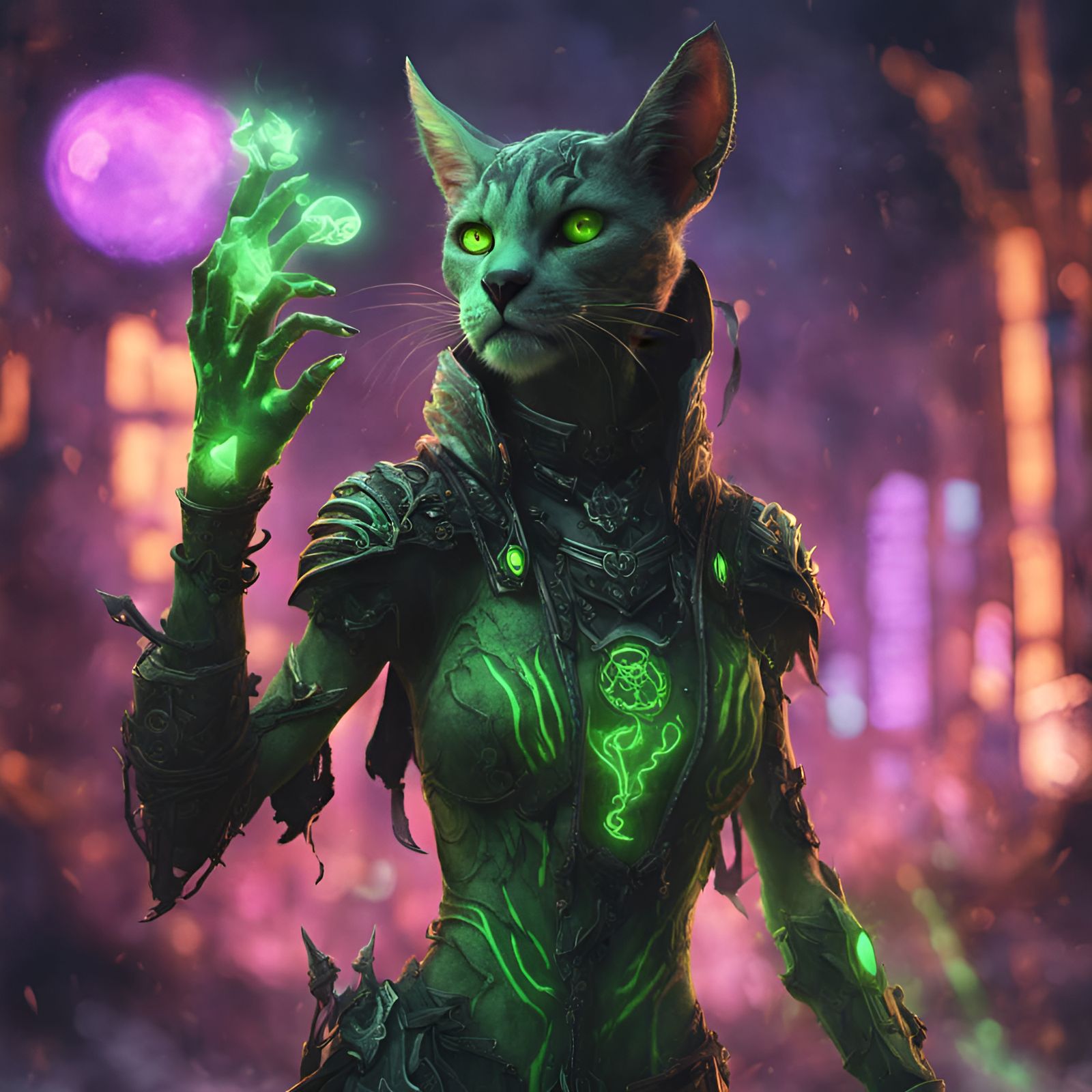 Tabaxi Necromancer Raising Skeleton with Neon Aura