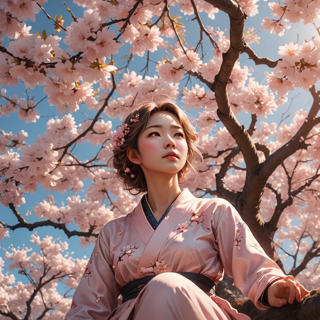 Woman Under Sakura Tree: Surreal 3D Anime Art
