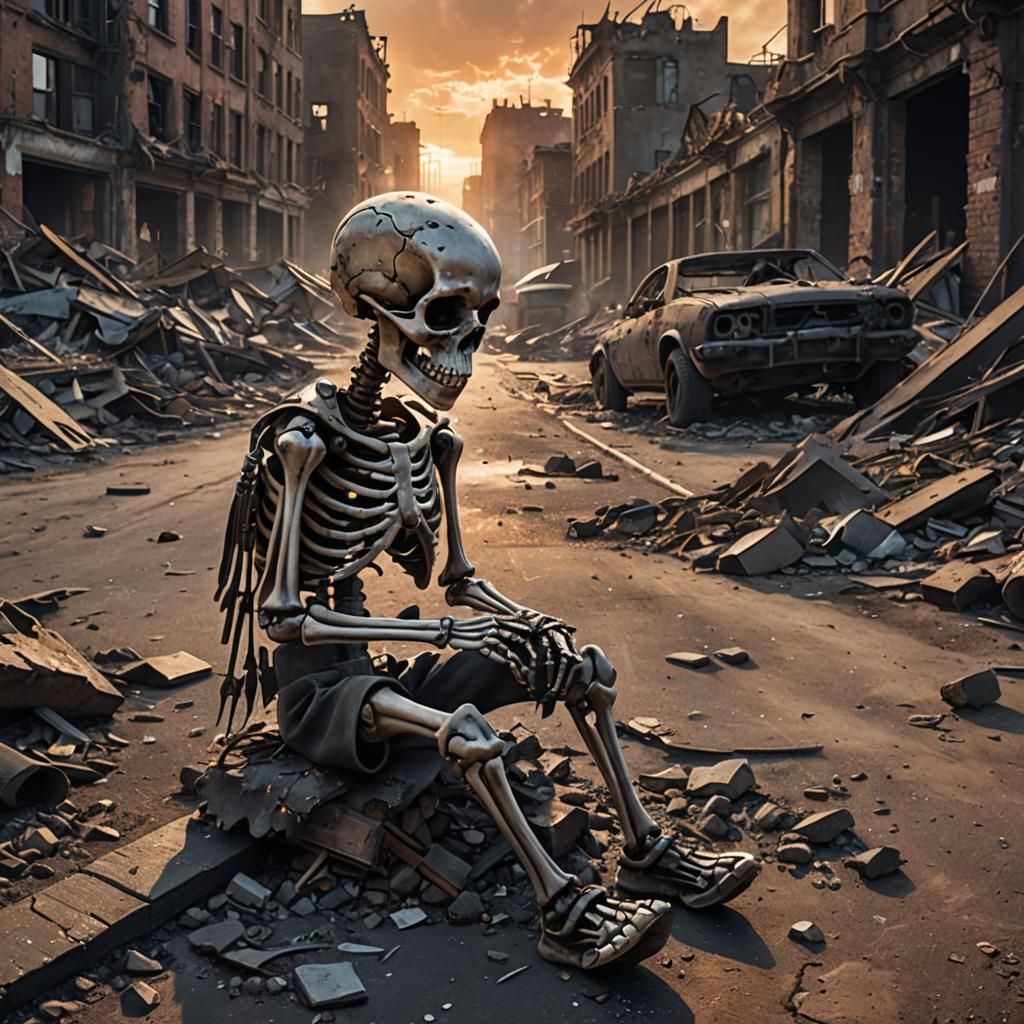 Dystopian Child Skeleton in Ruined City: Matte Painting