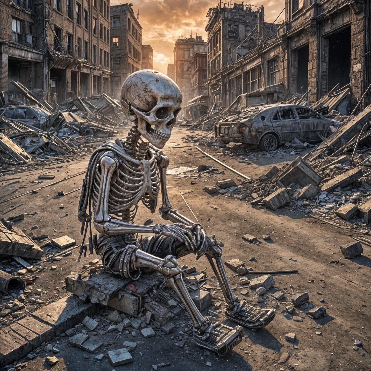 Dystopian Child Skeleton in Ruined City: Matte Painting