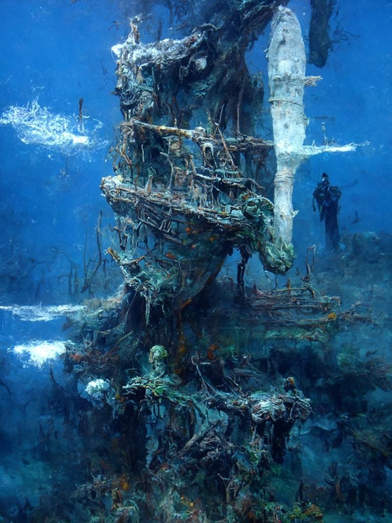 an overgrown ancient ship at the bottom of the sea