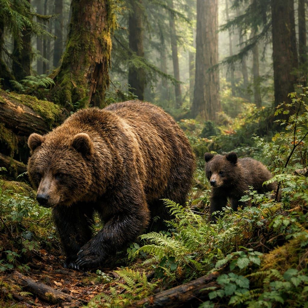 Mother Bear and Cub in Deep Woods