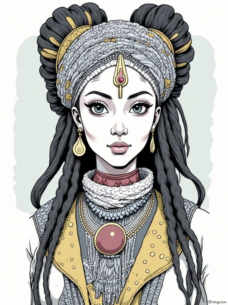 African Princess in Black and White Sketch Style