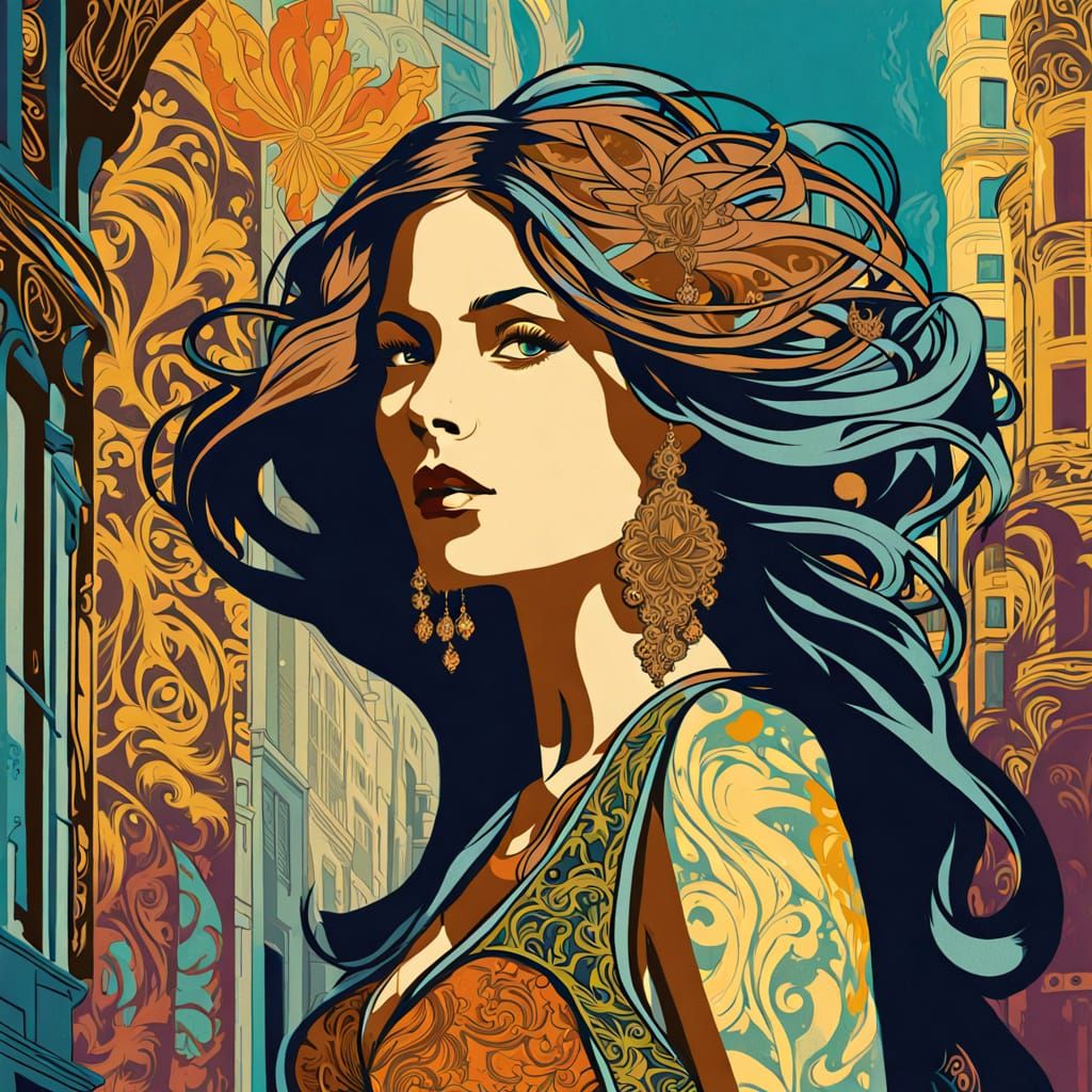 Art Nouveau Woman in Urban Alleyway