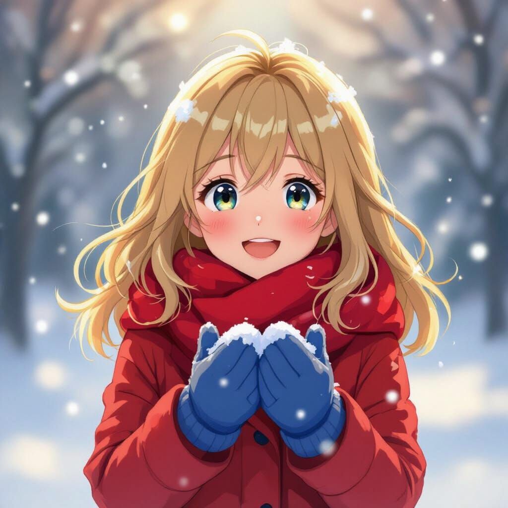 Anime Girl Joyfully Plays in Sparkling Winter Snow