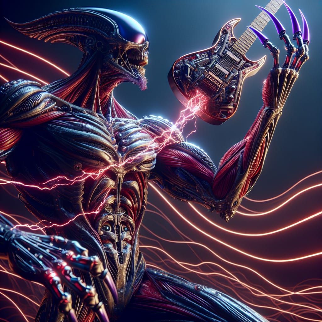 Cybernetic Alien Villain Charges with Demonic Guitar