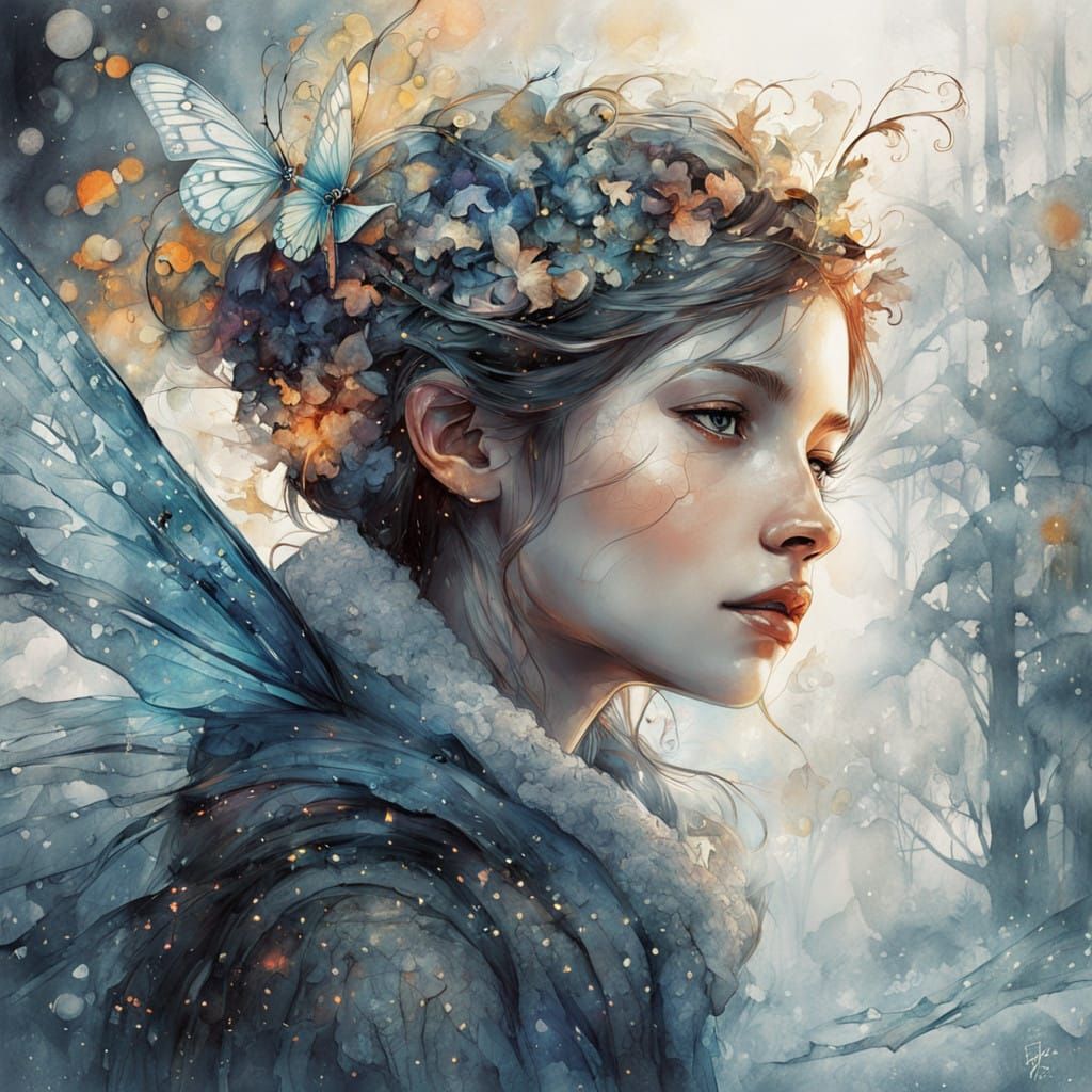 Whimsical Fairy Spirit of December Dreams on Frosty Winter N...