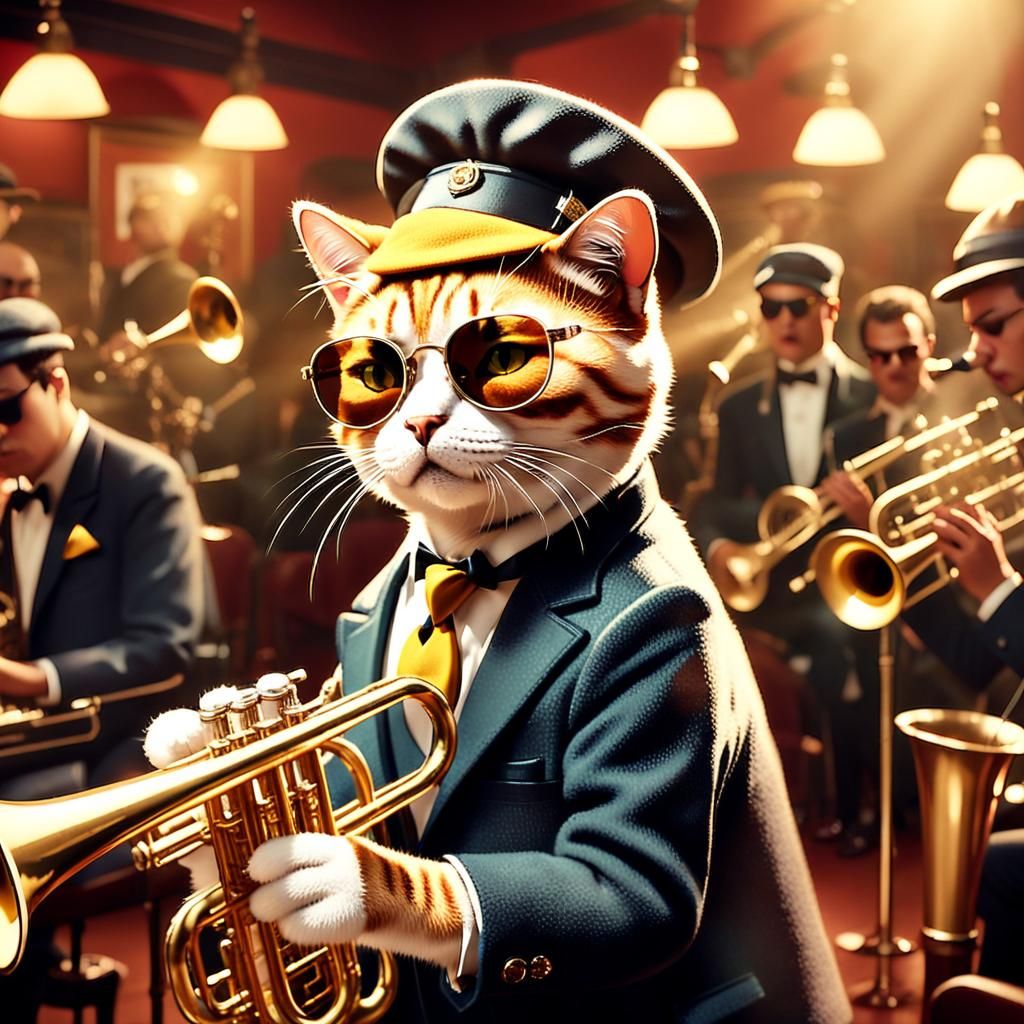 Cat Trumpeter in Smoky Jazz Club, Film Noir Style